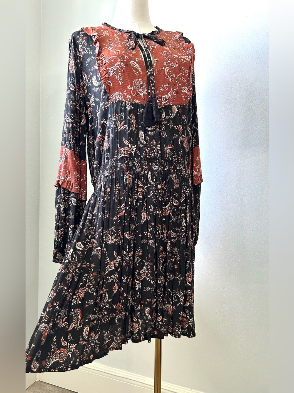 Knox Rose Rust Black Bohemian Paisley Prairie Peasant Dress Womens M